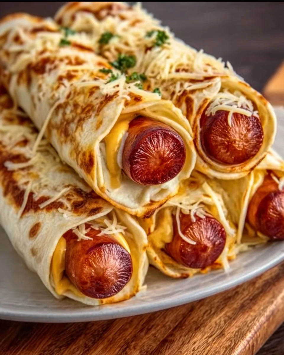 Gebackene Hot Dogs im Tortilla-Teig auf einem Teller serviert