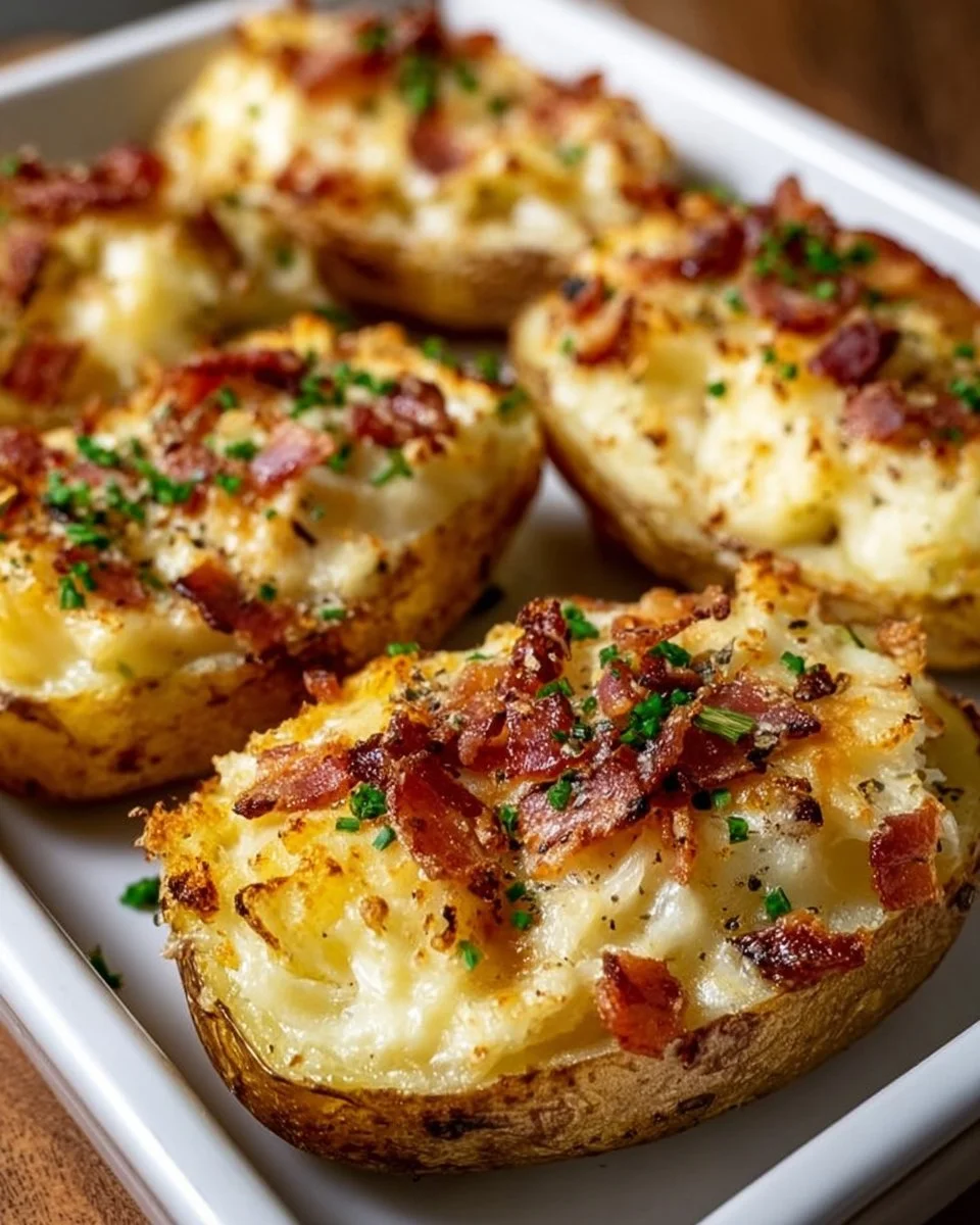 Gefüllte Kartoffeln nach Flammkuchen-Art aus dem Ofen, herzhaftes Rezept.