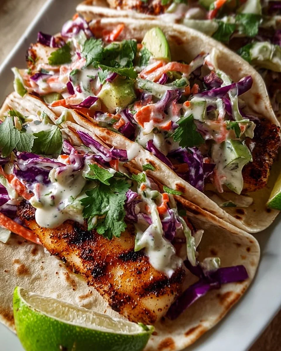 Gegrillte Fisch-Tacos mit frischen Zutaten auf einem Teller