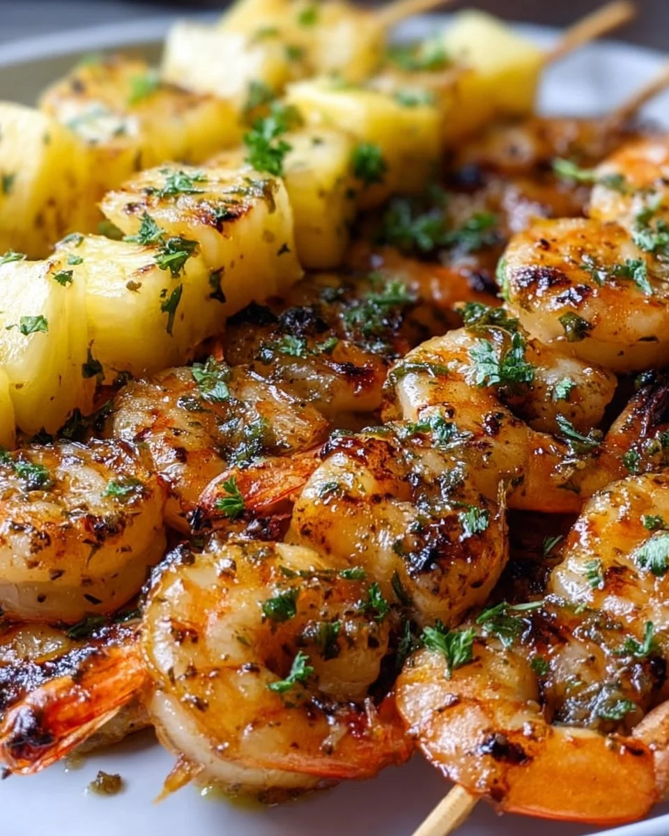Gegrillte Garnelenspieße mit Ananas in Öl und Knoblauchsoße