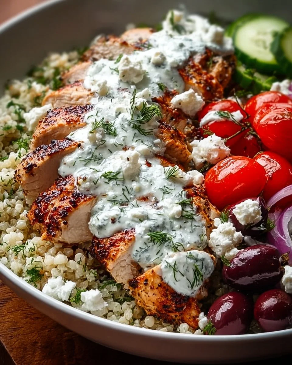 Griechische Hähnchen-Tzatziki-Bowl mit frischem Gemüse und aromatischem Tzatziki