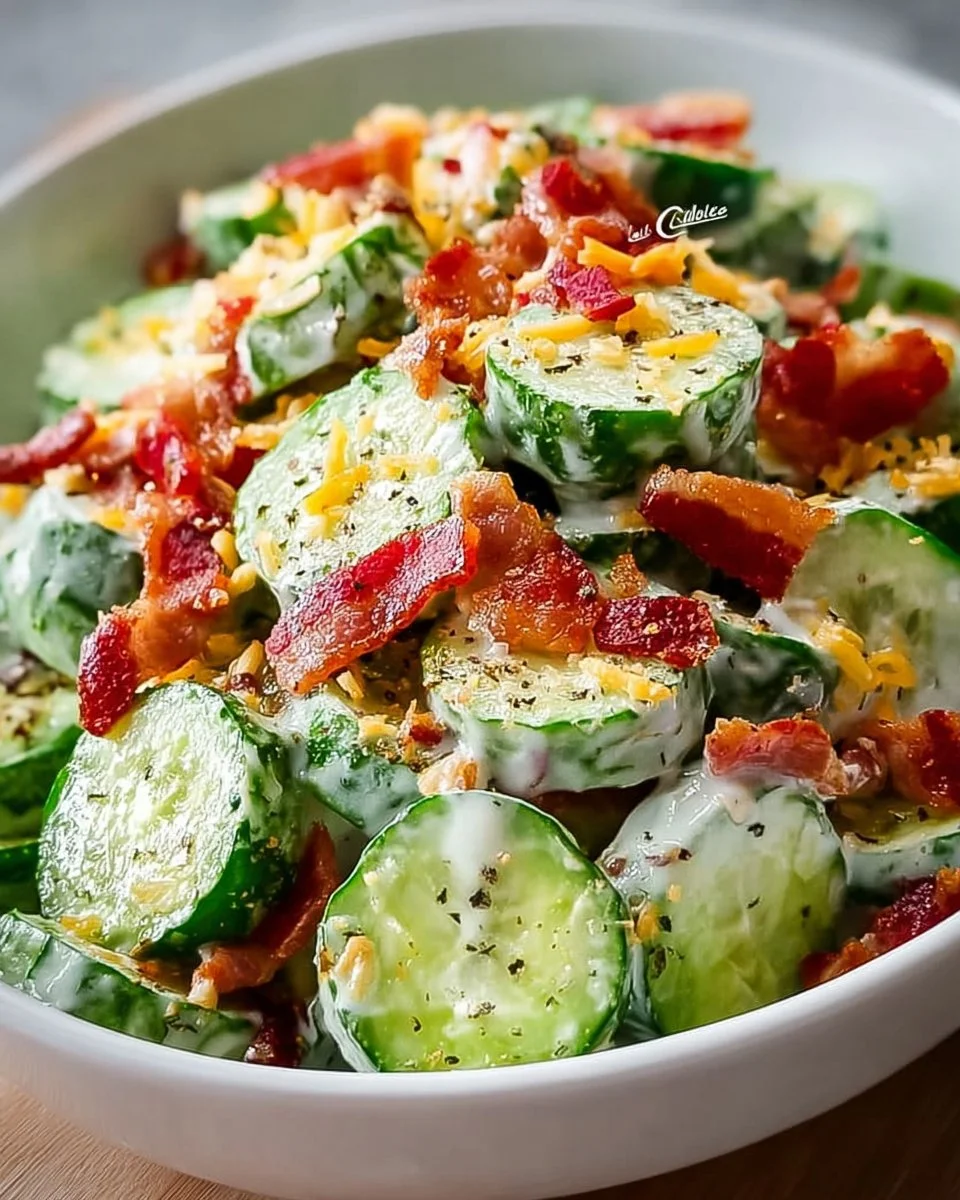 Gurkensalat mit Speck und Käse auf einem Teller angerichtet