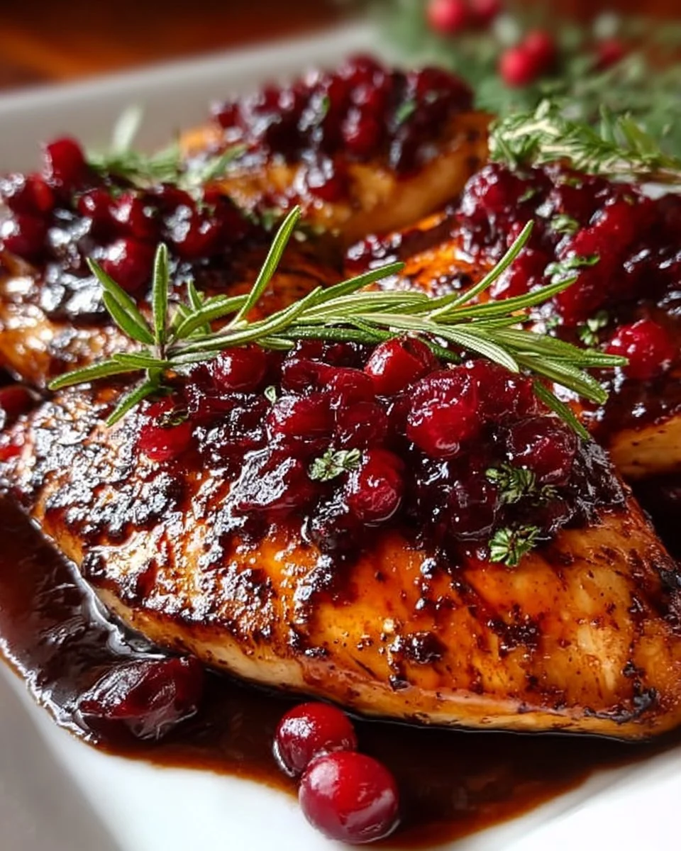 Hähnchen mit Preiselbeer-Balsamico-Glasur auf einem Teller angerichtet