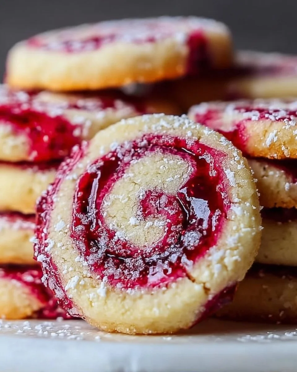 Himbeer-Wirbel Shortbread-Kekse auf einem Teller, verziert mit frischen Himbeeren.