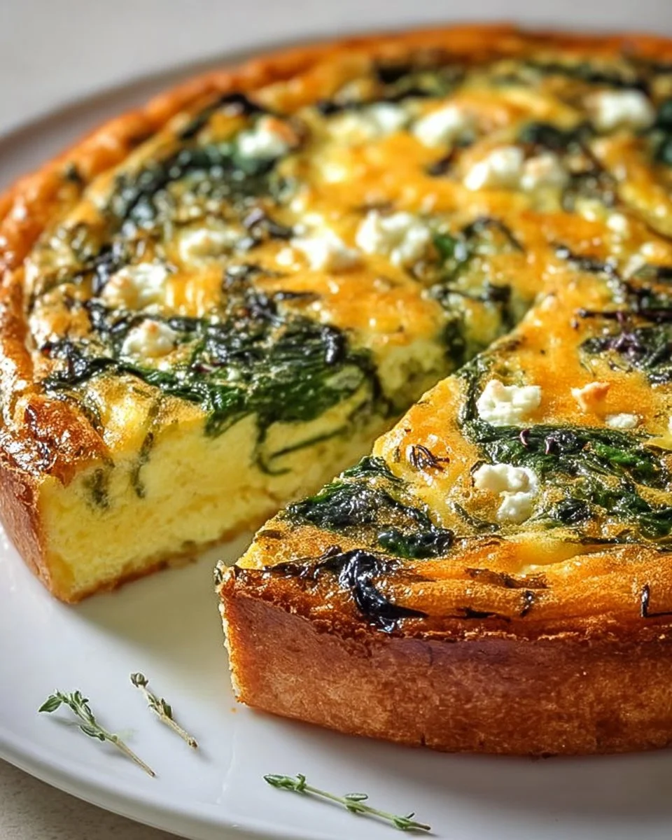 Krustenlose Quiche mit Hüttenkäse und Spinat auf einem Teller.