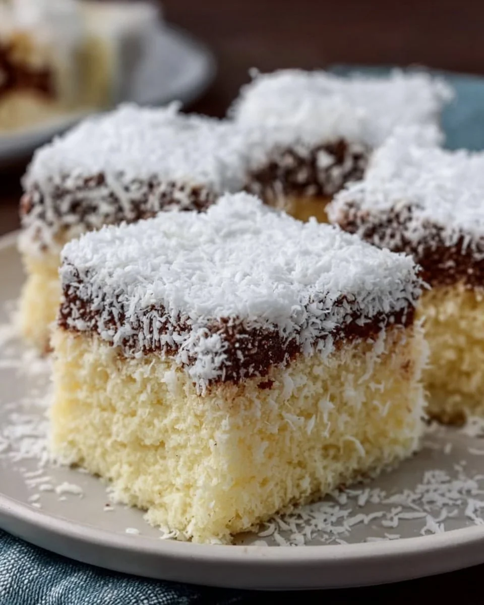 Saftiger Kokos Kuchen auf einem Teller, dekoriert mit Kokosraspeln.