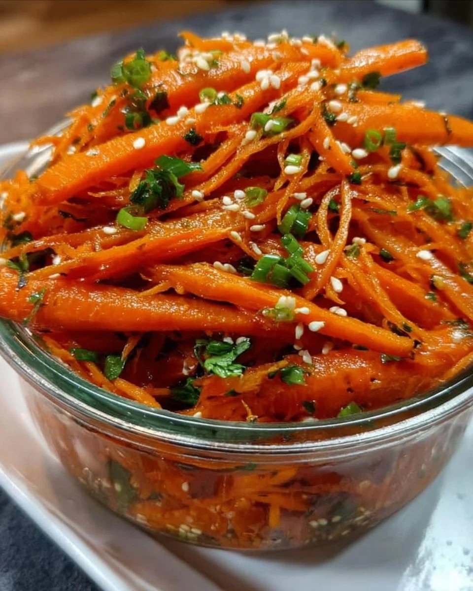 Schüssel mit koreanischem Karottensalat, frisch und bunt präsentiert