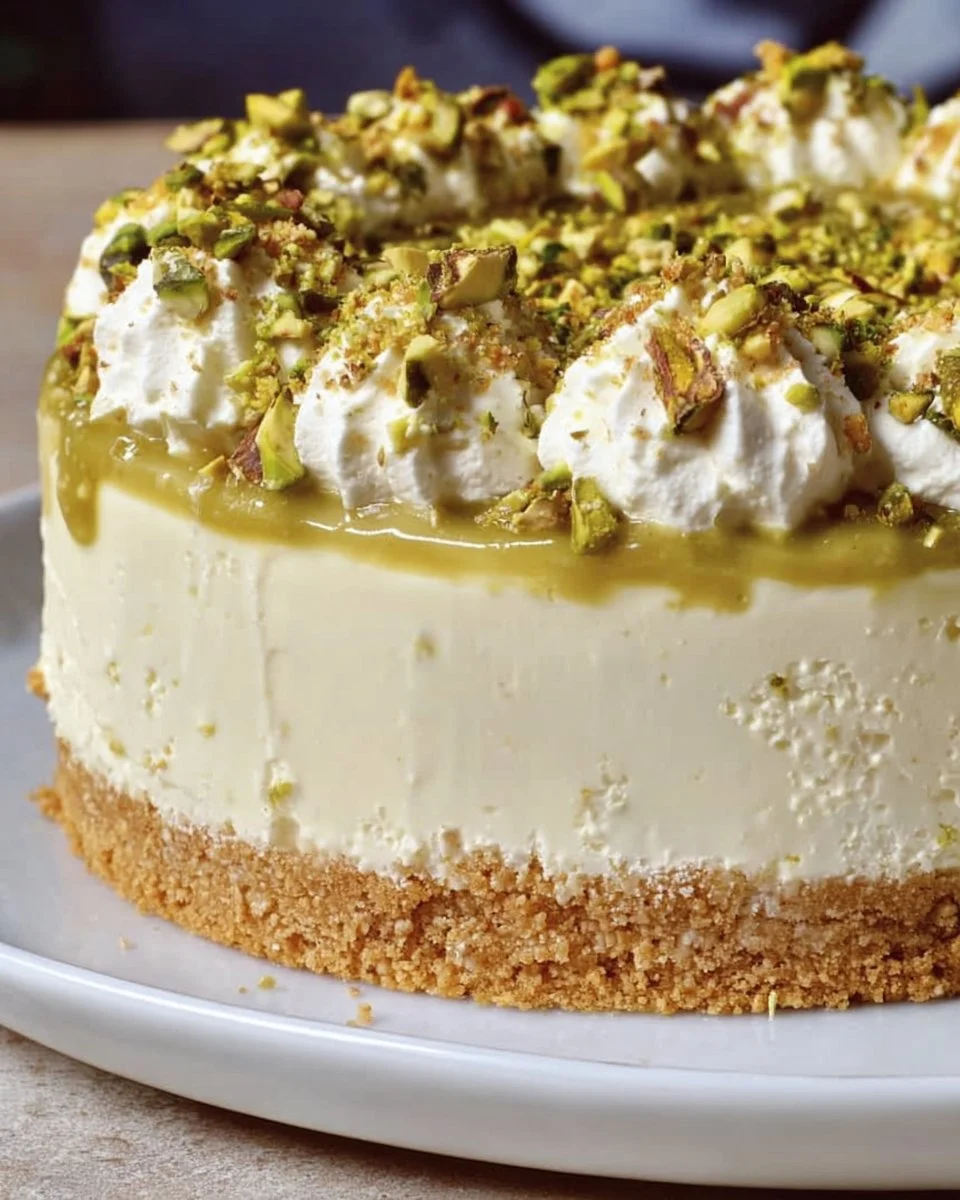 No-Bake-Pistazien-Cheesecake mit Nüssen und frischer Dekoration