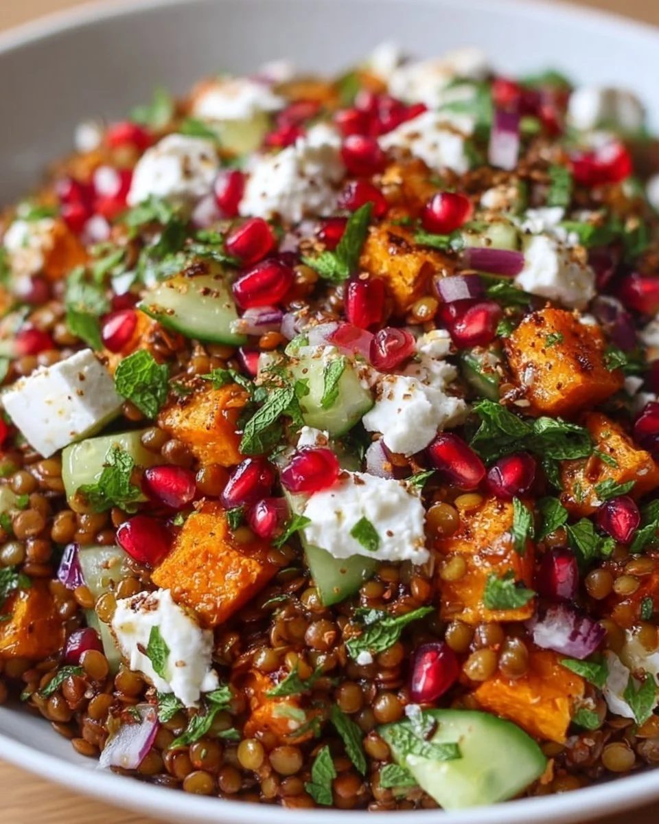 Orientalischer Linsensalat mit frischen Zutaten und Gewürzen