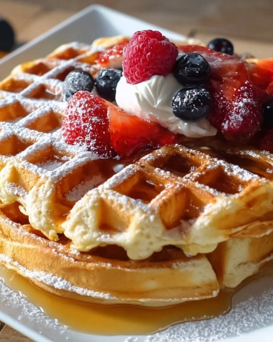 Proteinreiche Skyr Waffeln auf einem Teller mit frischen Beeren
