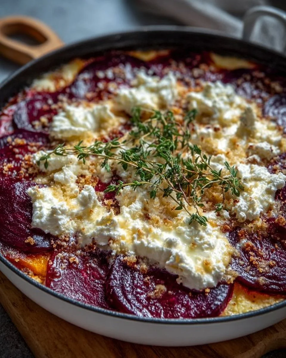 Rote-Bete-Gratin mit Ziegenkäse frisch aus dem Ofen, appetitlich angerichtet.