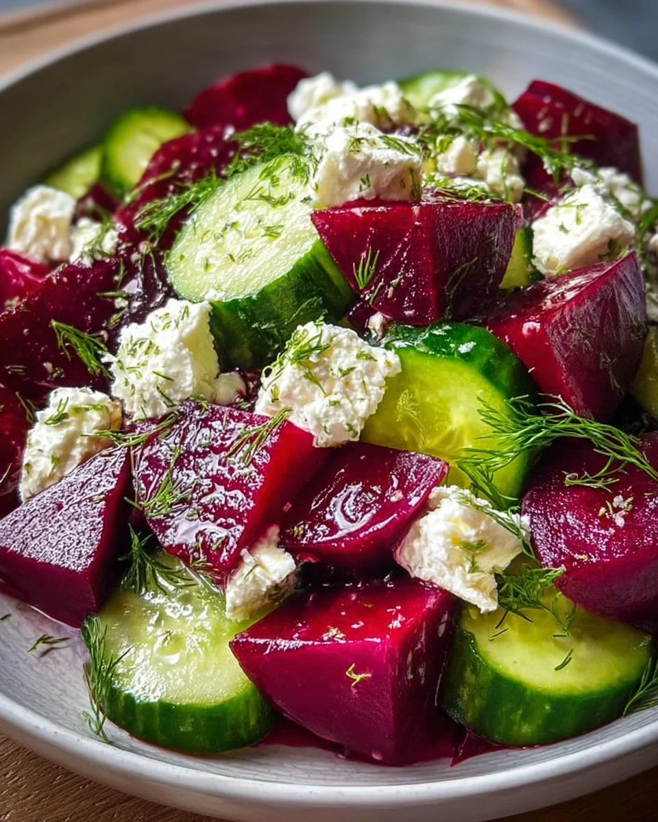 Rote-Bete-Salat mit Feta und Gurken auf einem Teller