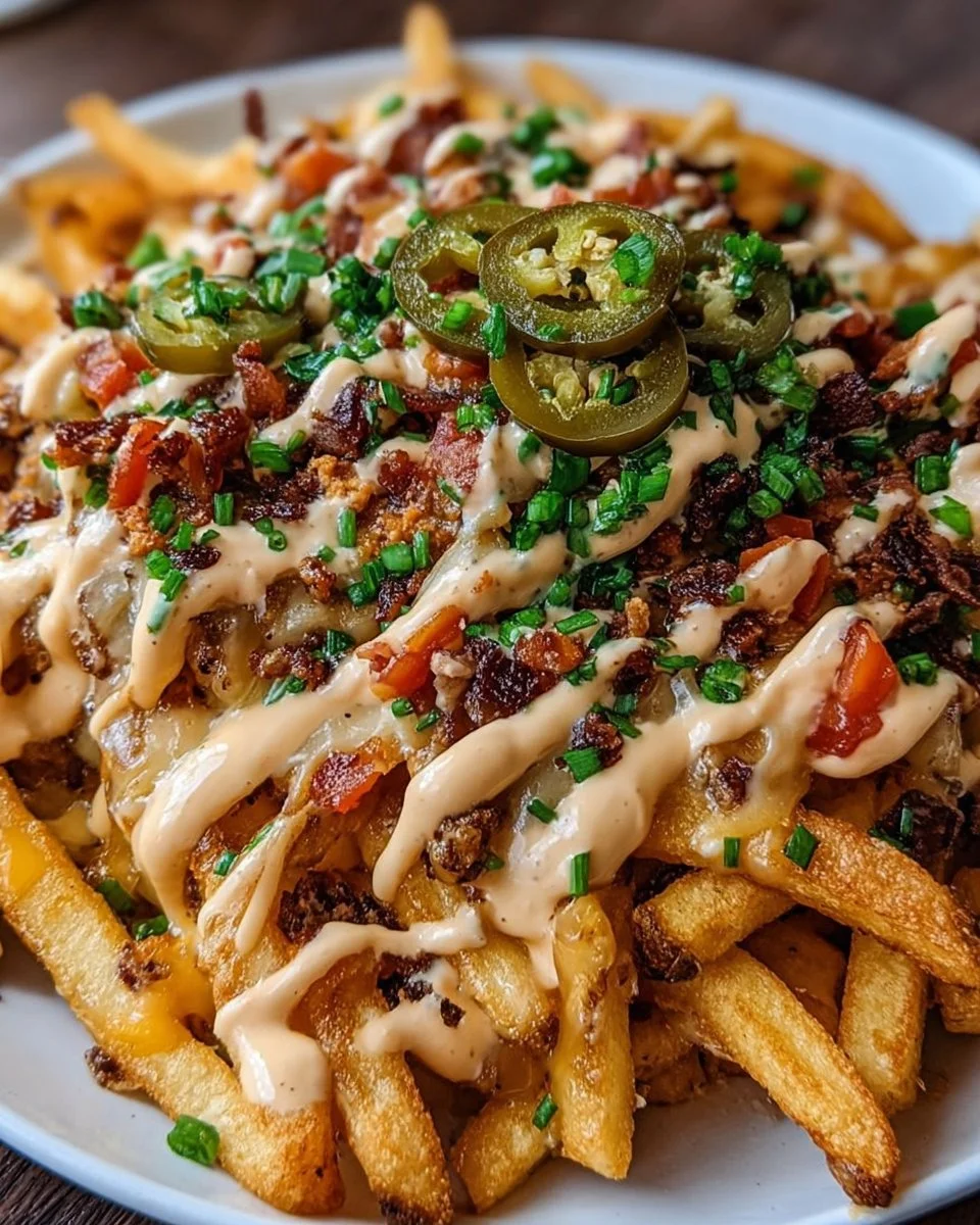 Schmutzige Pommes mit würziger Sauce und Toppings auf einem Teller