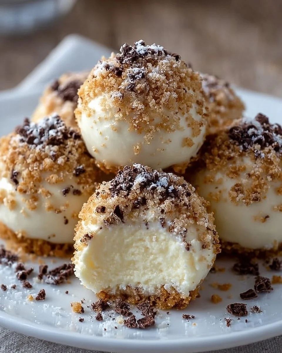 Schnelle Käsekuchen-Kugeln auf einem Teller, lecker und cremig.