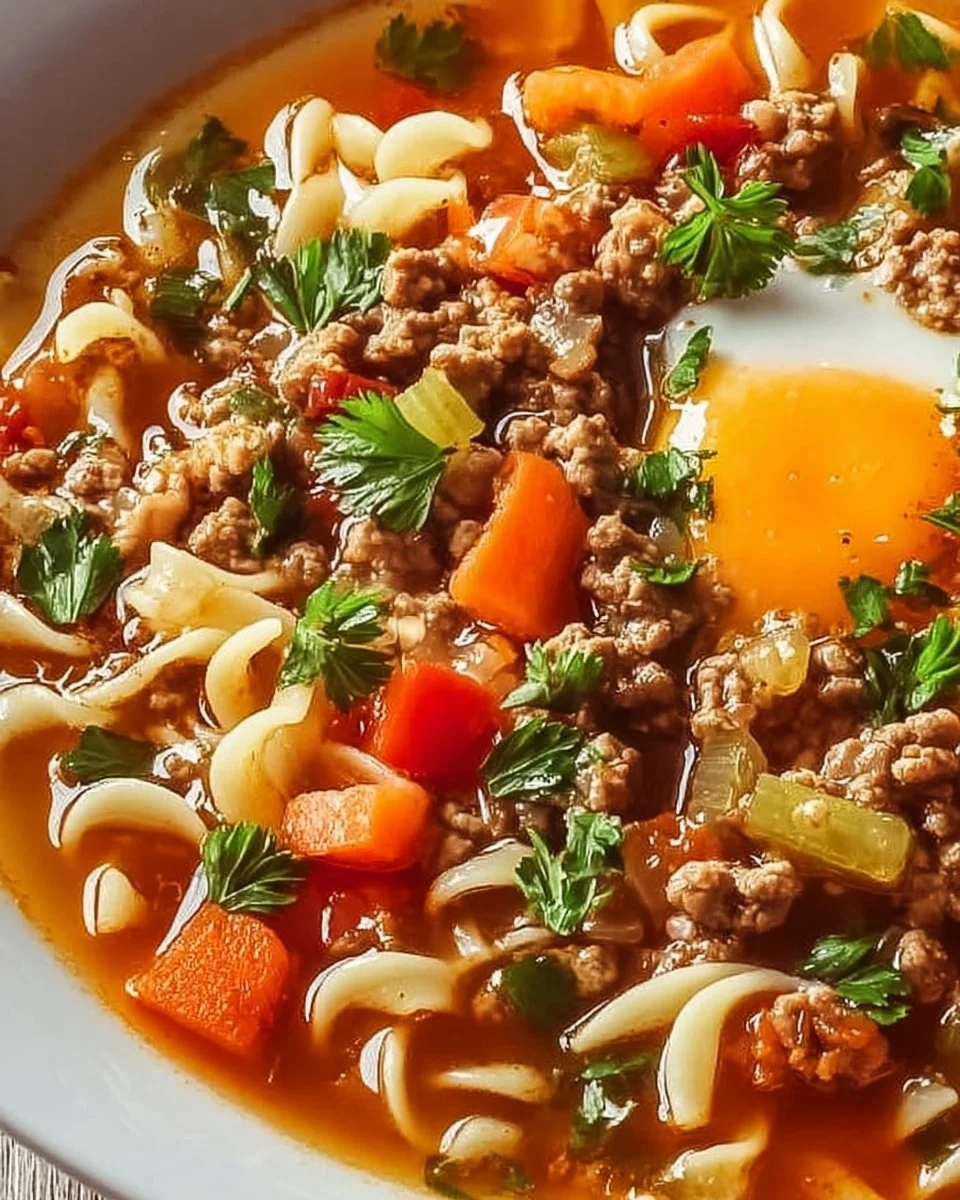 Schüsseln mit Nudel-Hack-Suppe für kalte Tage