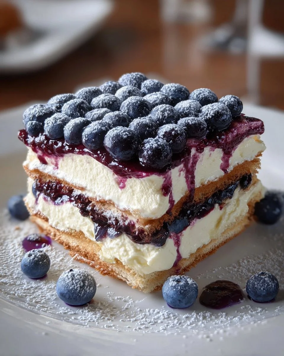 Leckeres Blaubeer Tiramisu mit frischen Beeren und Mascarpone-Creme