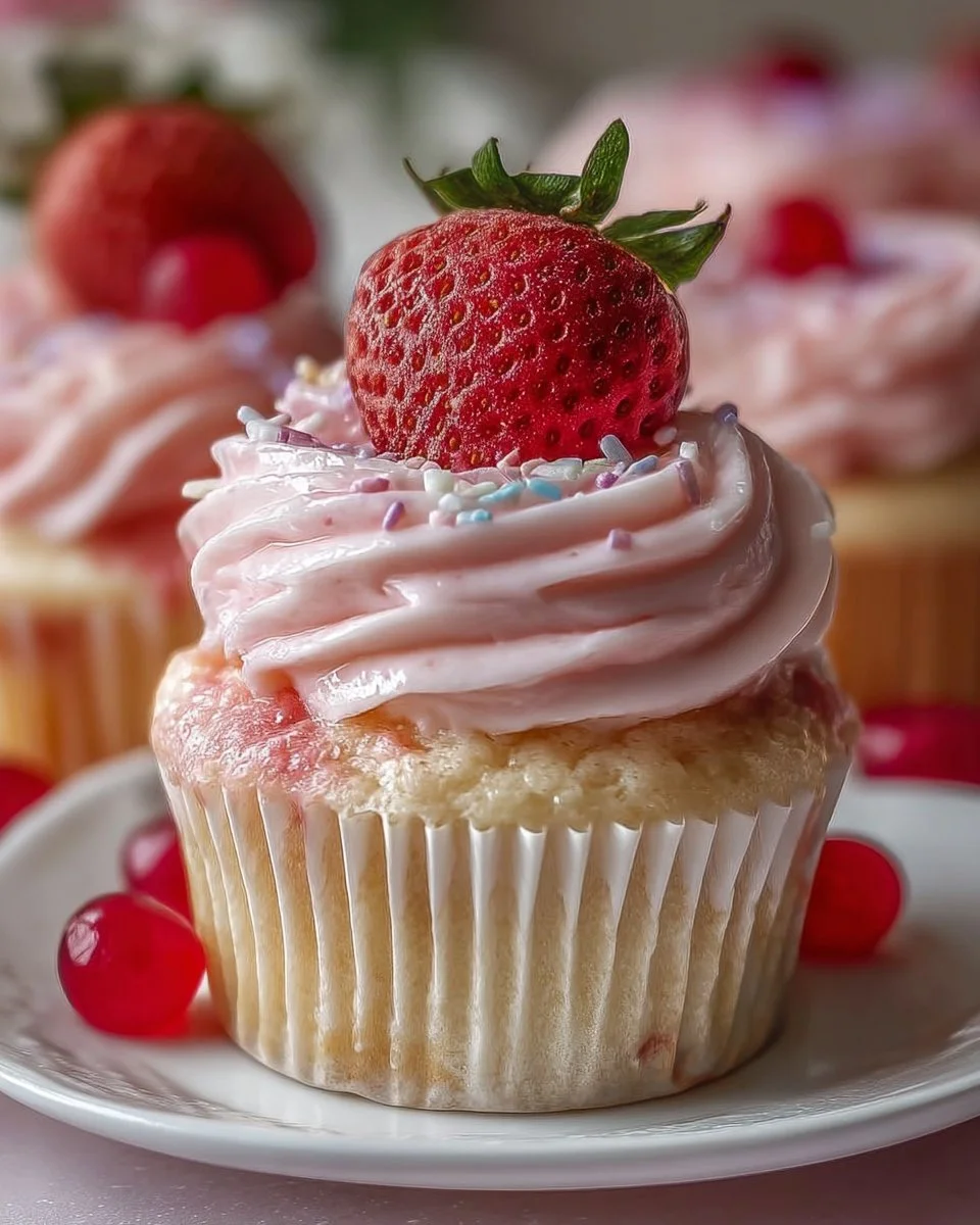 Leckere Erdbeer-Milchshake-Cupcakes verziert mit Sahne und frischen Erdbeeren.