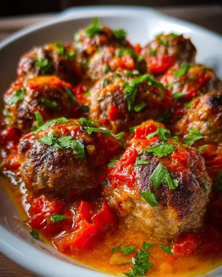 Leckere Hackbällchen im Ofen mit Paprikasauce serviert auf einem Teller.