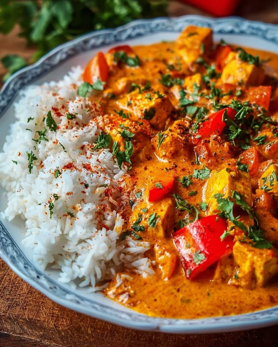 Schüssel mit Halloumi Tikka Masala, serviert mit Reis und frischen Kräutern