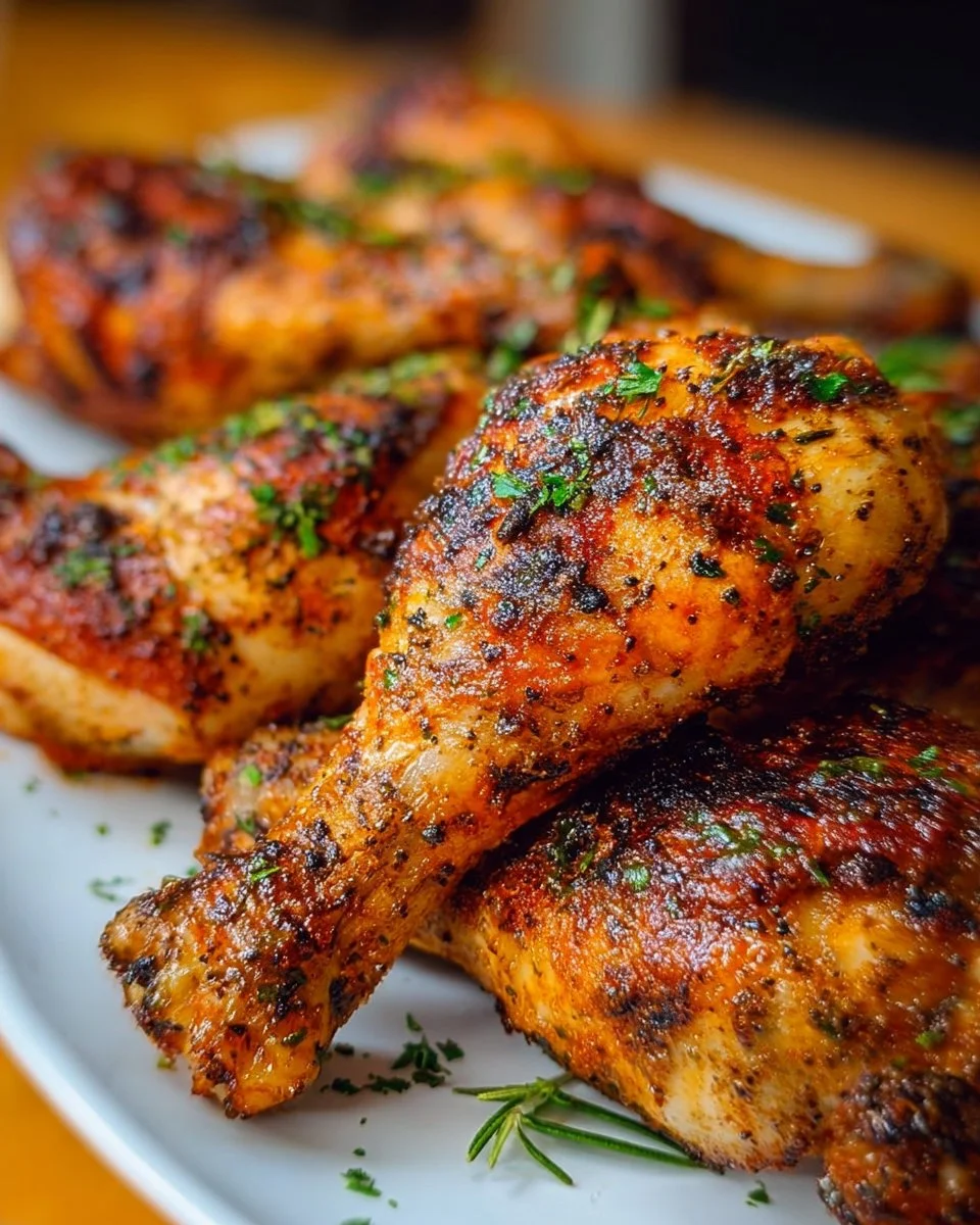 Knusprige Hähnchenkeulen auf einem Teller serviert