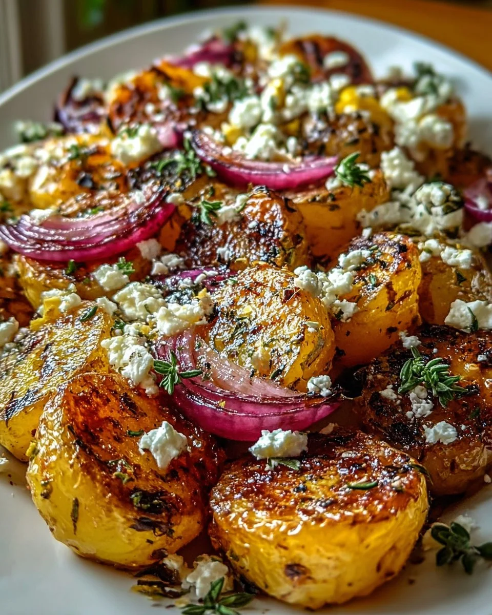 Knusprige Kartoffeln mit Feta und Knoblauch auf einem Teller