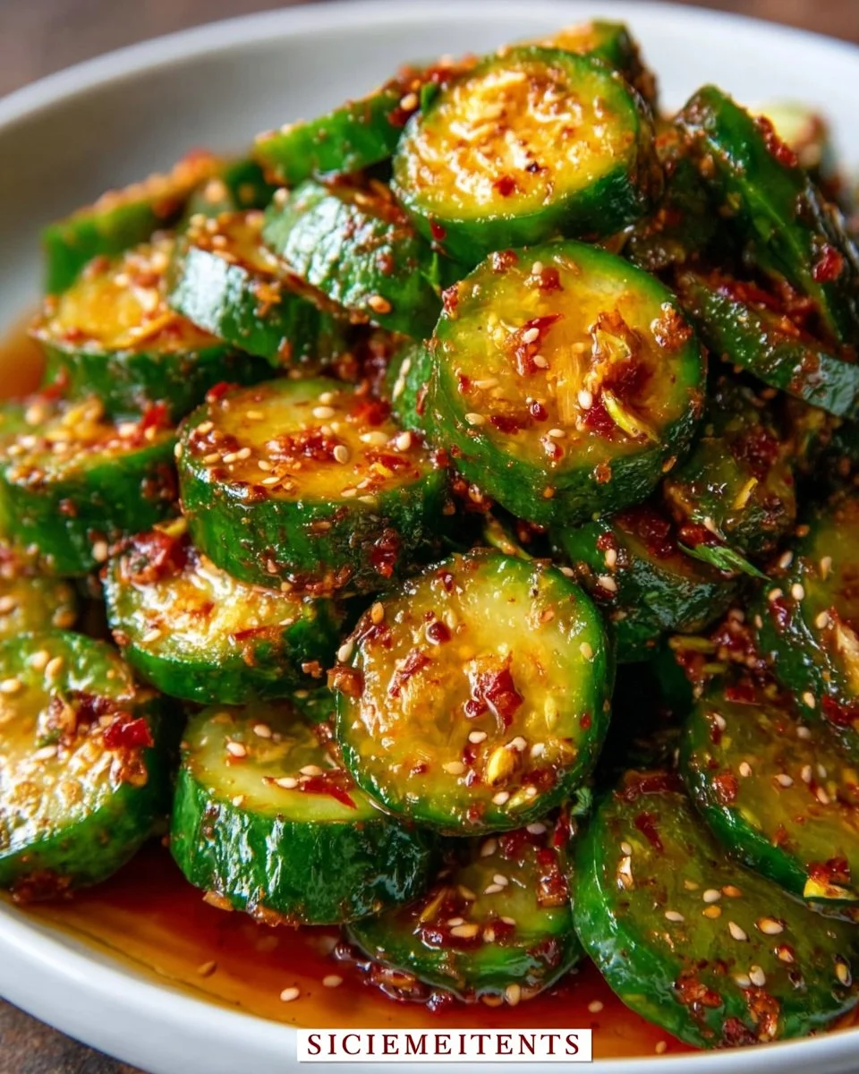 Gurkensalat mit koreanischen Gewürzen und frischen Zutaten.