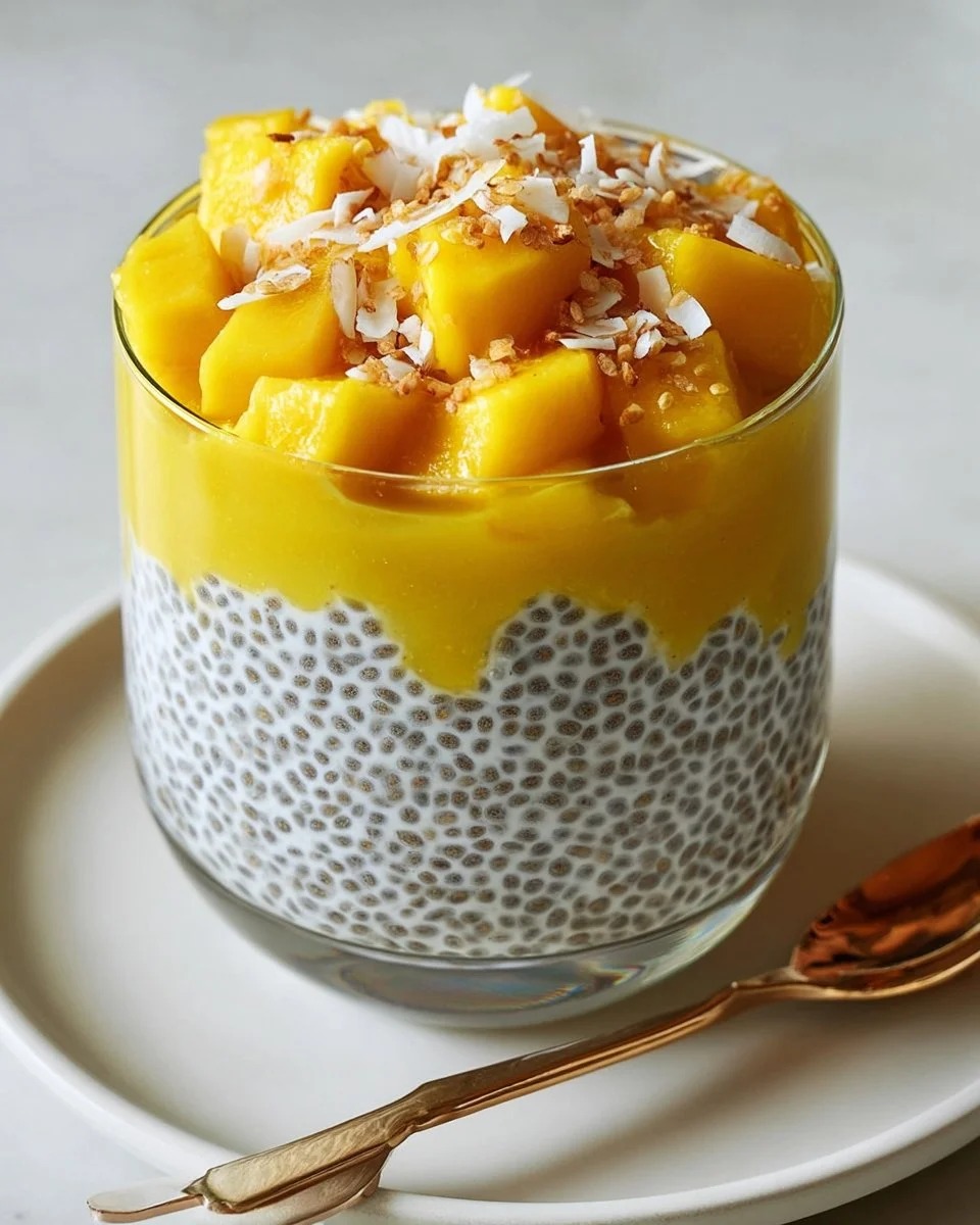 Schüssel mit Mango-Chia-Pudding, gesundes Frühstück oder Snack