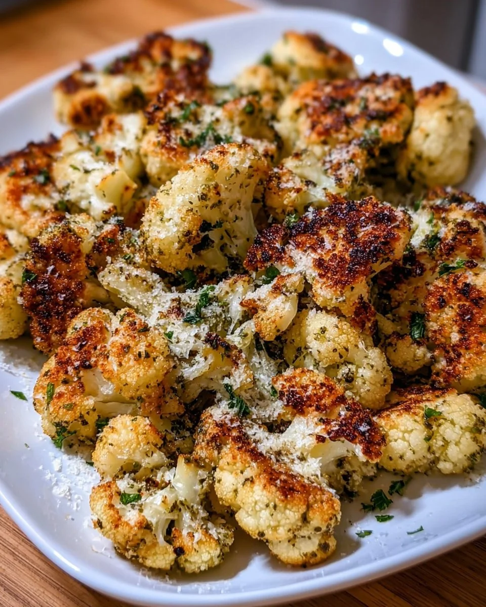 Gerösteter Blumenkohl mit Parmesan und Pesto auf einem Teller angerichtet