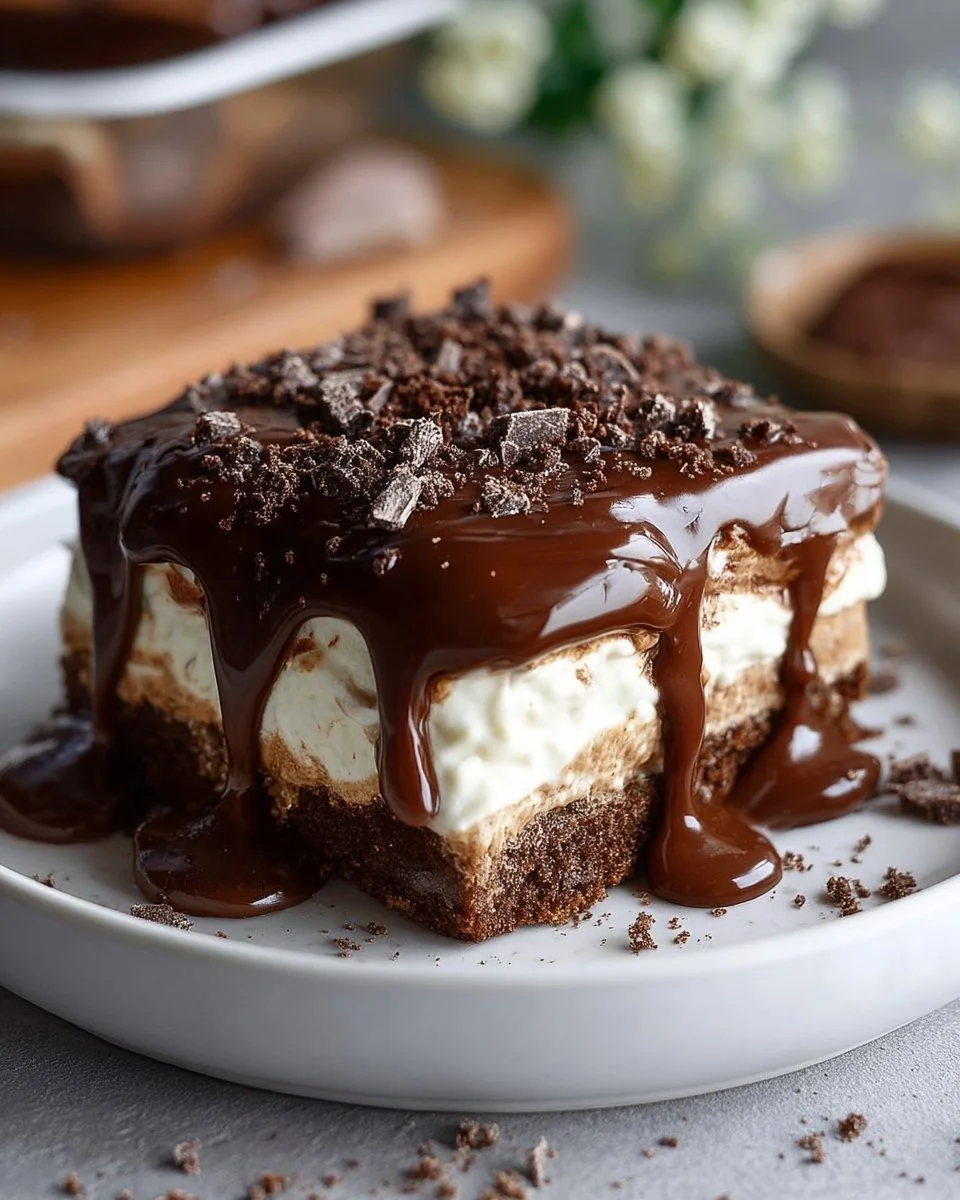 Schokoladenlasagne auf einem Teller serviert, dekoriert mit Schokoladensauce.