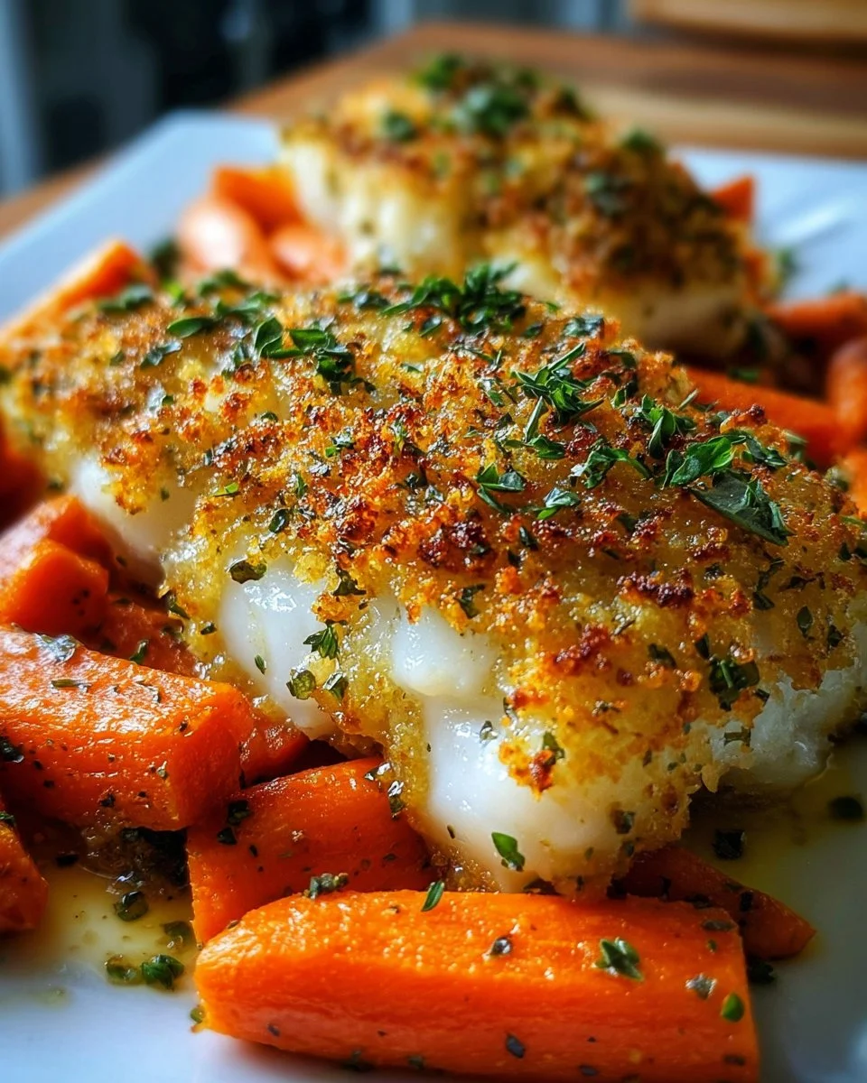 Seelachs überbacken auf Senfmöhren serviert auf einem Teller