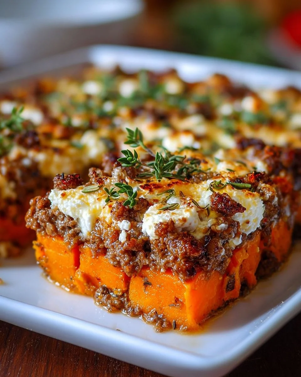 Süßkartoffel-Hackfleisch-Auflauf mit Käse überbacken.