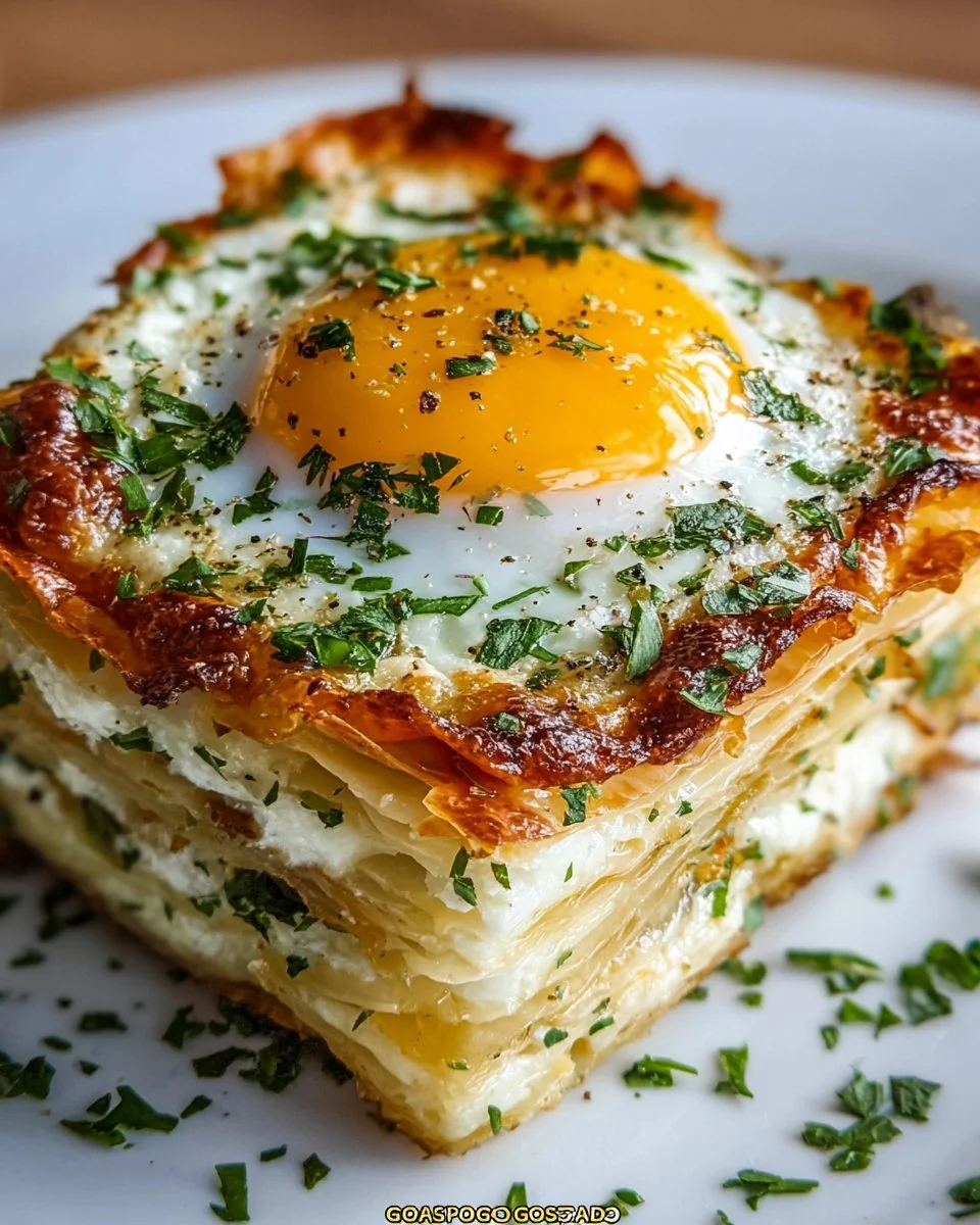 Überbackene Eier Napoleon auf einem Teller serviert mit frischen Kräutern