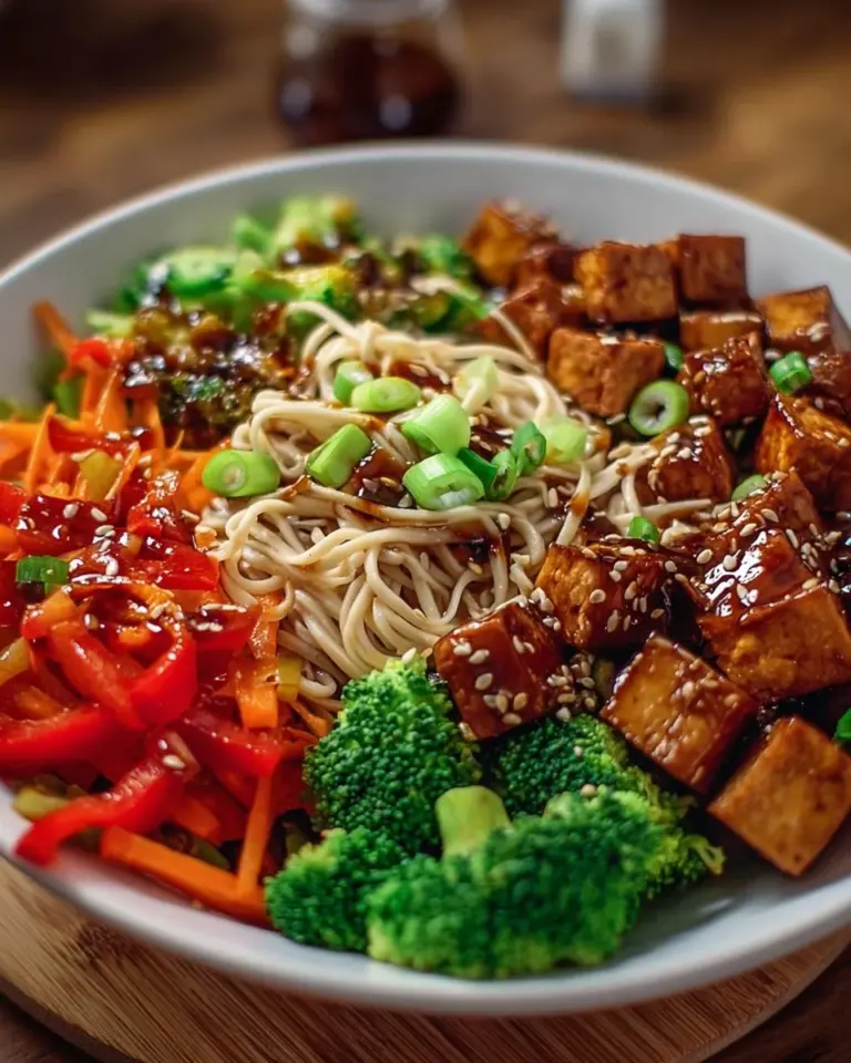 Vegane Teriyaki-Nudel-Bowl mit frischem Gemüse und Sojasauce