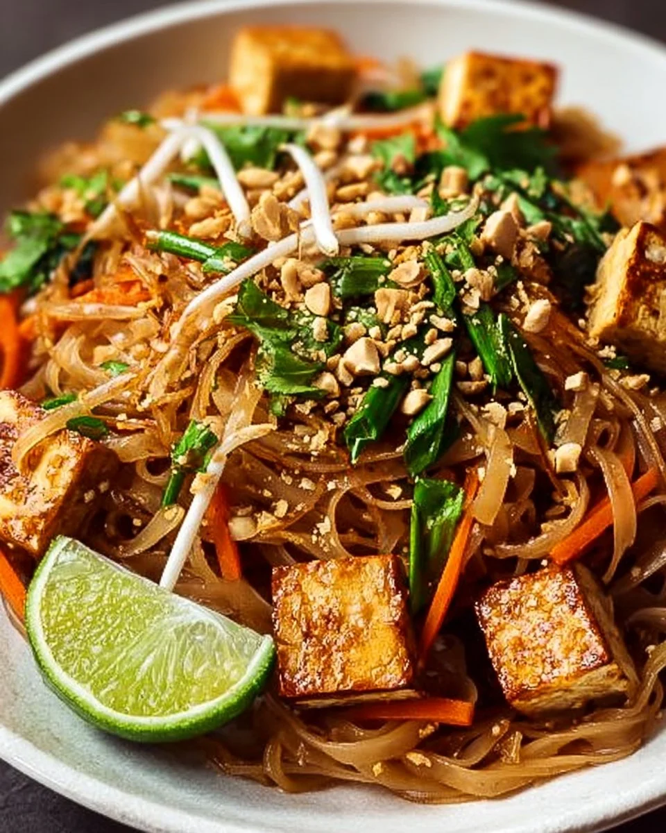 Veganes Tofu Pad Thai mit frischem Gemüse und Erdnüssen serviert.