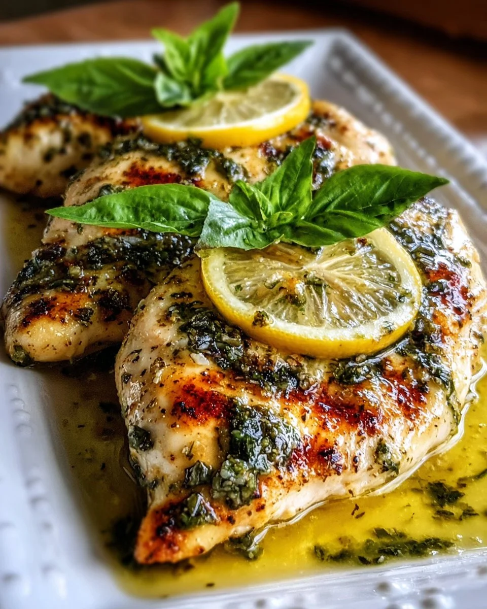 Zitronen-Basilikum-Hühnchen auf einem weißen Teller mit frischen Zutaten