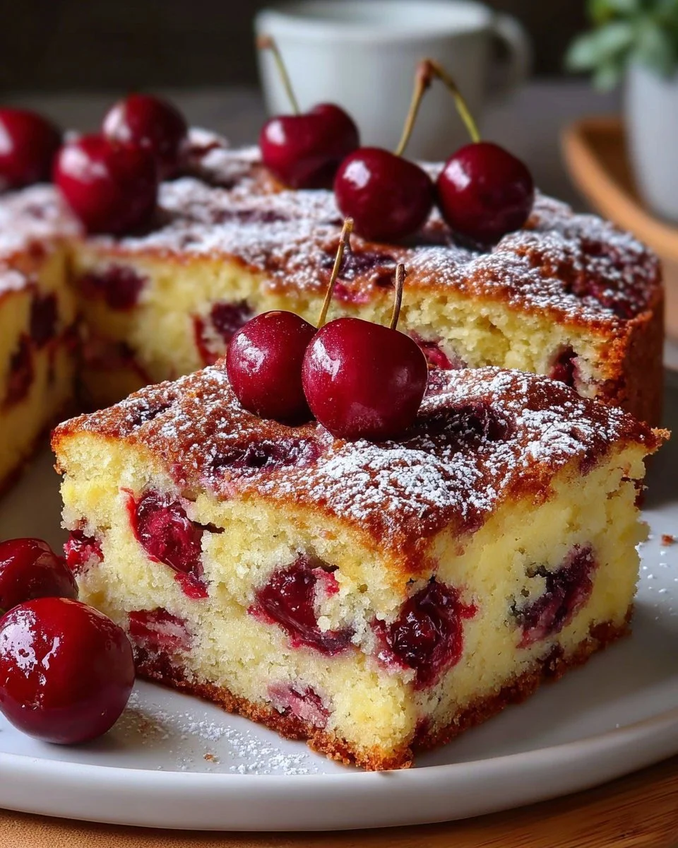 Blechkuchen mit Kirschen auf einem Kuchenblech serviert