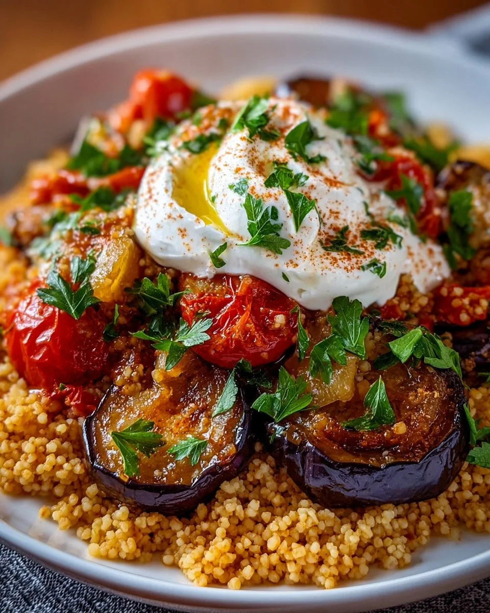 Bulgur mit Tomaten, Auberginen und Joghurt auf einem weißen Teller