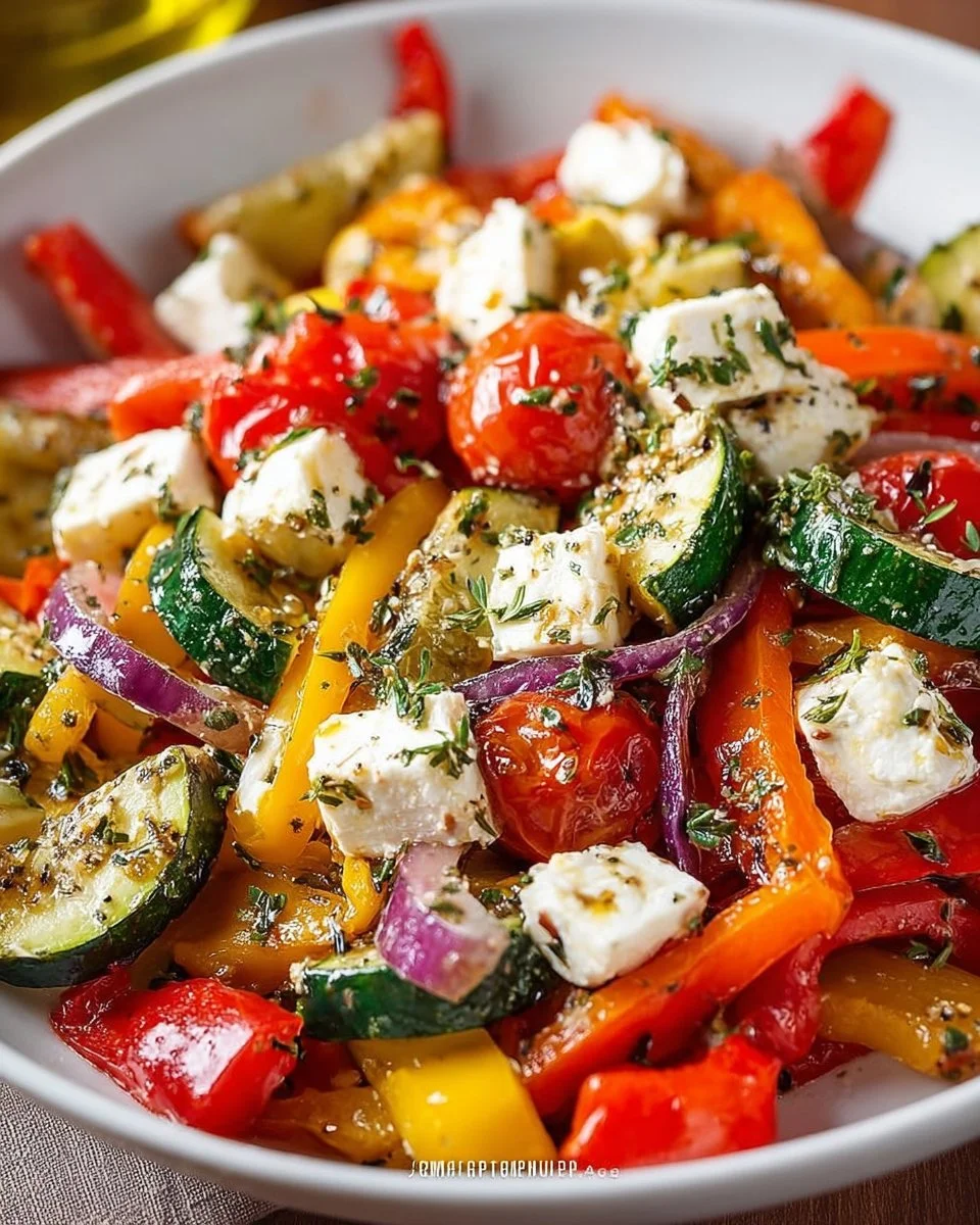 Bunte Gemüsepfanne mit Feta, gesund und lecker zubereitet.