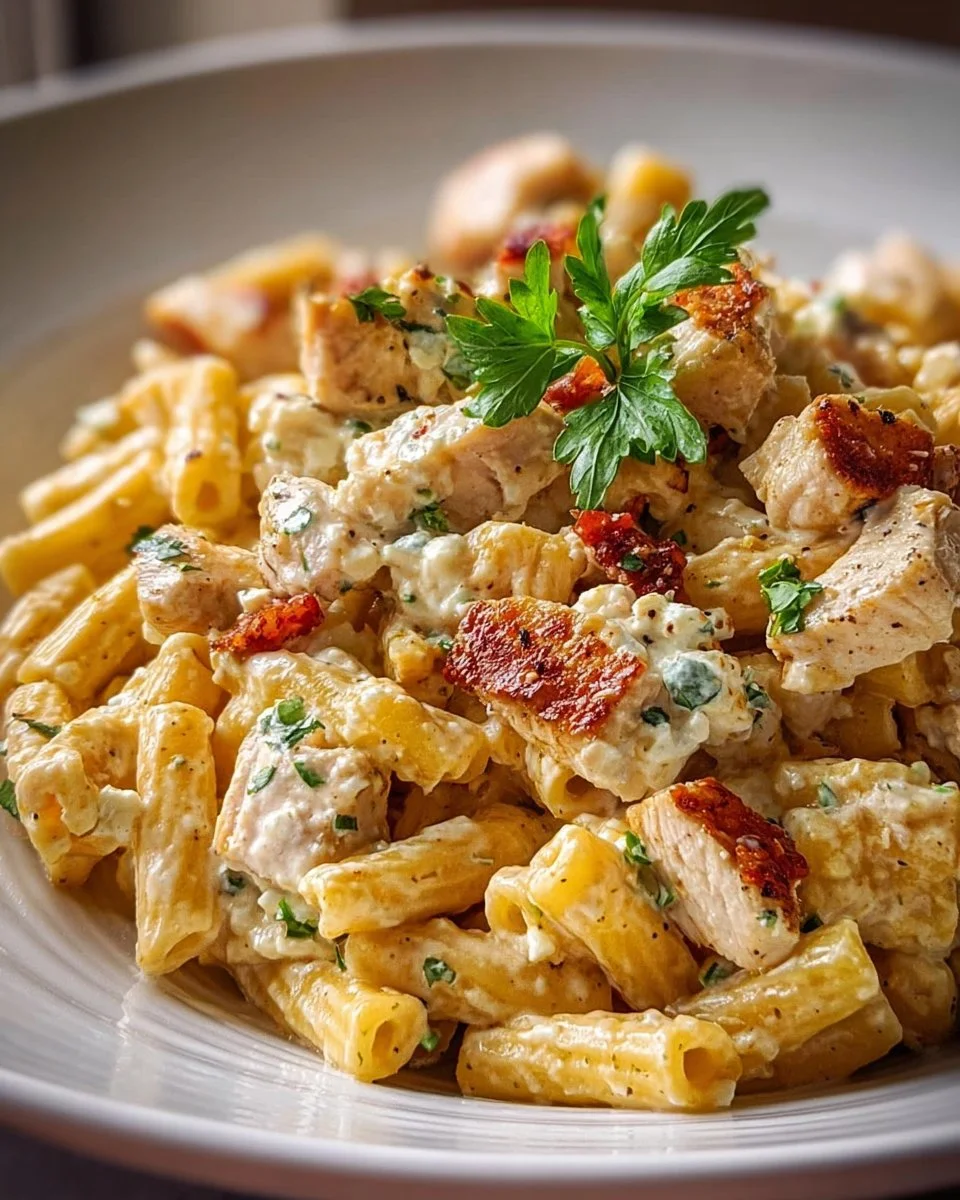 Cremige Hähnchen-Feta-Pasta mit frischen Zutaten und leckeren Aromen.