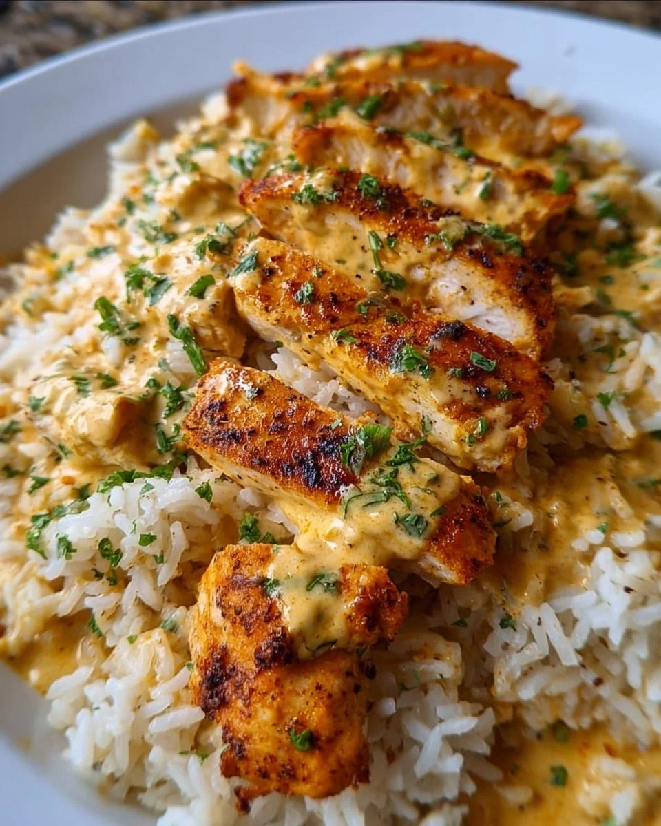 Cremiges Cajun-Hühnchen mit Reis auf einem Teller serviert