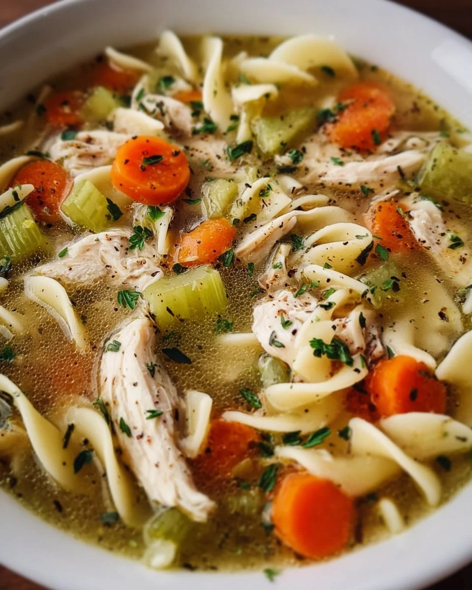 Crock-Pot Hühnersuppen-Nudeln in einer Schüssel serviert