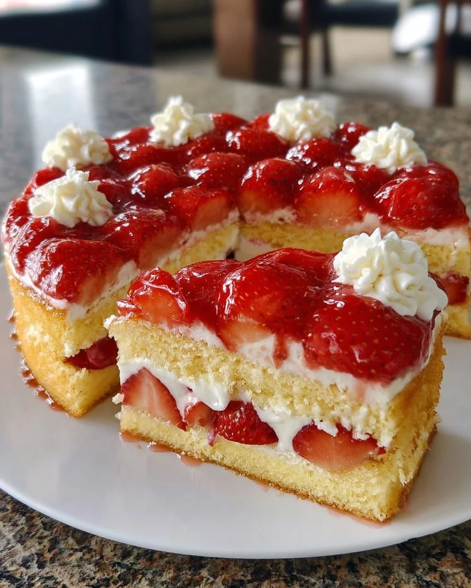 Erdbeerkuchen mit Vanillecreme auf einem Teller angerichtet