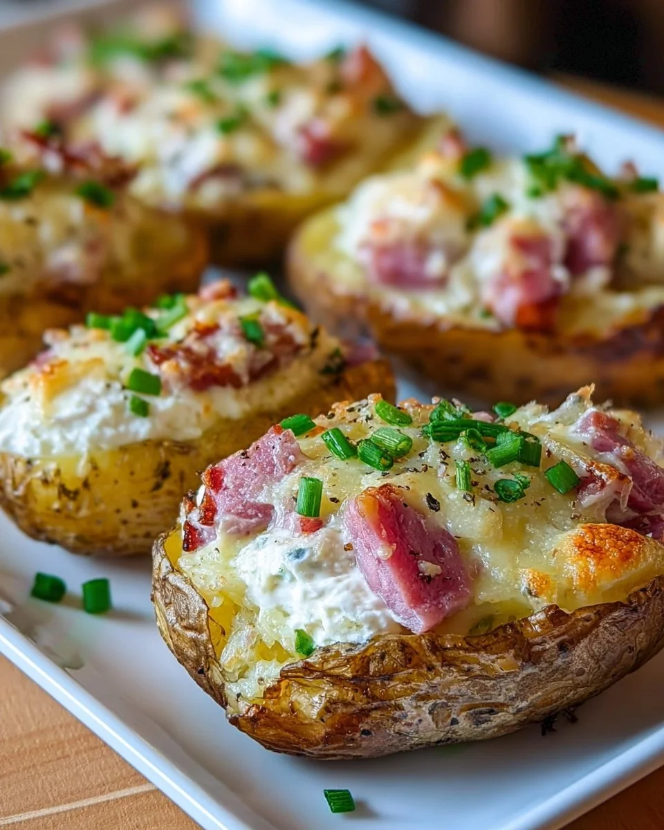 Gefüllte Kartoffeln mit Crème Fraîche, Schinken und Schnittlauch auf einem Teller