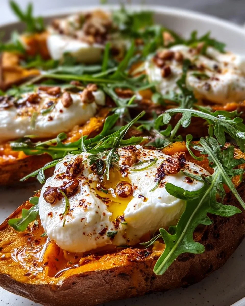 Gefüllte Süßkartoffeln mit Burrata auf einem Teller serviert