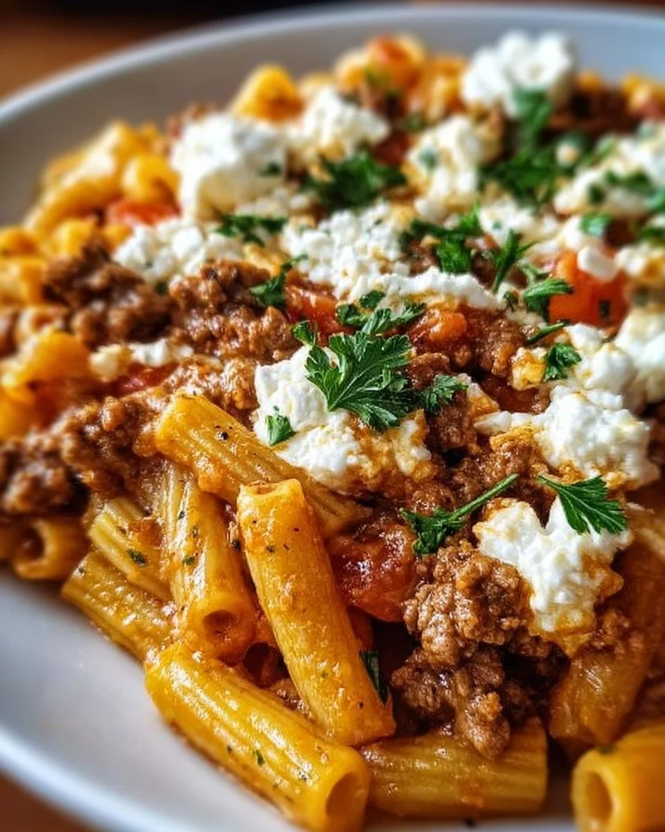Griechischer Pasta Auflauf mit Feta und Hackfleisch frisch serviert