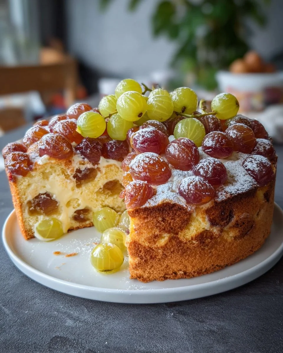 Großmutters Stachelbeerkuchen auf einem Teller, bereit zum Genießen.