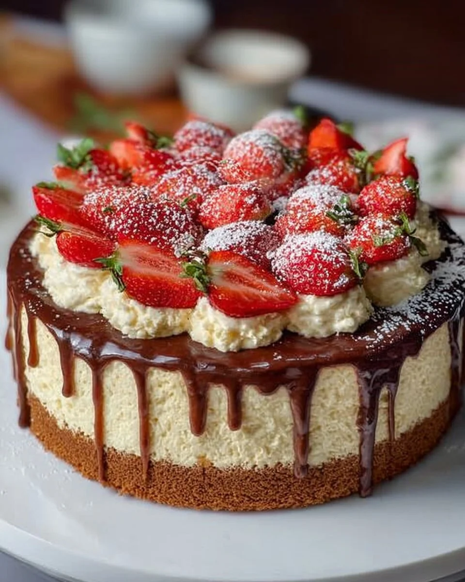 Heller Maulwurfkuchen mit Erdbeeren und Raffaellos auf einem Teller