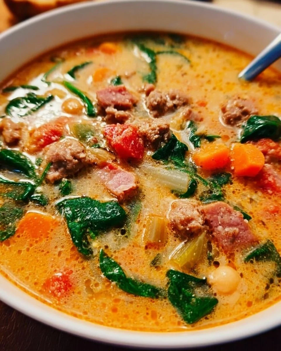 Schüssel mit herzhafter toskanischer Suppe, voller frischer Zutaten