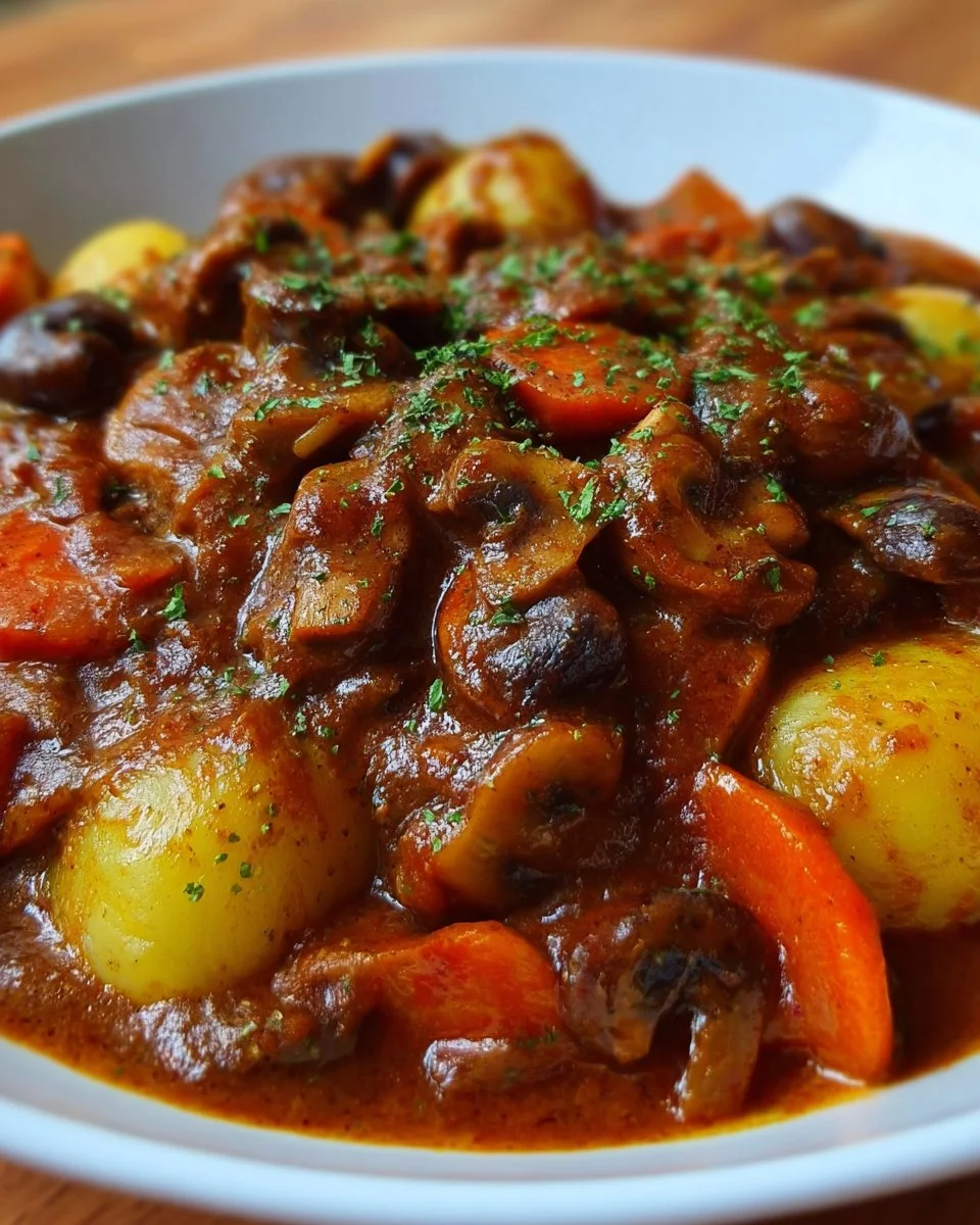 Teller mit herzhaftem Pilz-Gulasch, garniert mit frischen Kräutern
