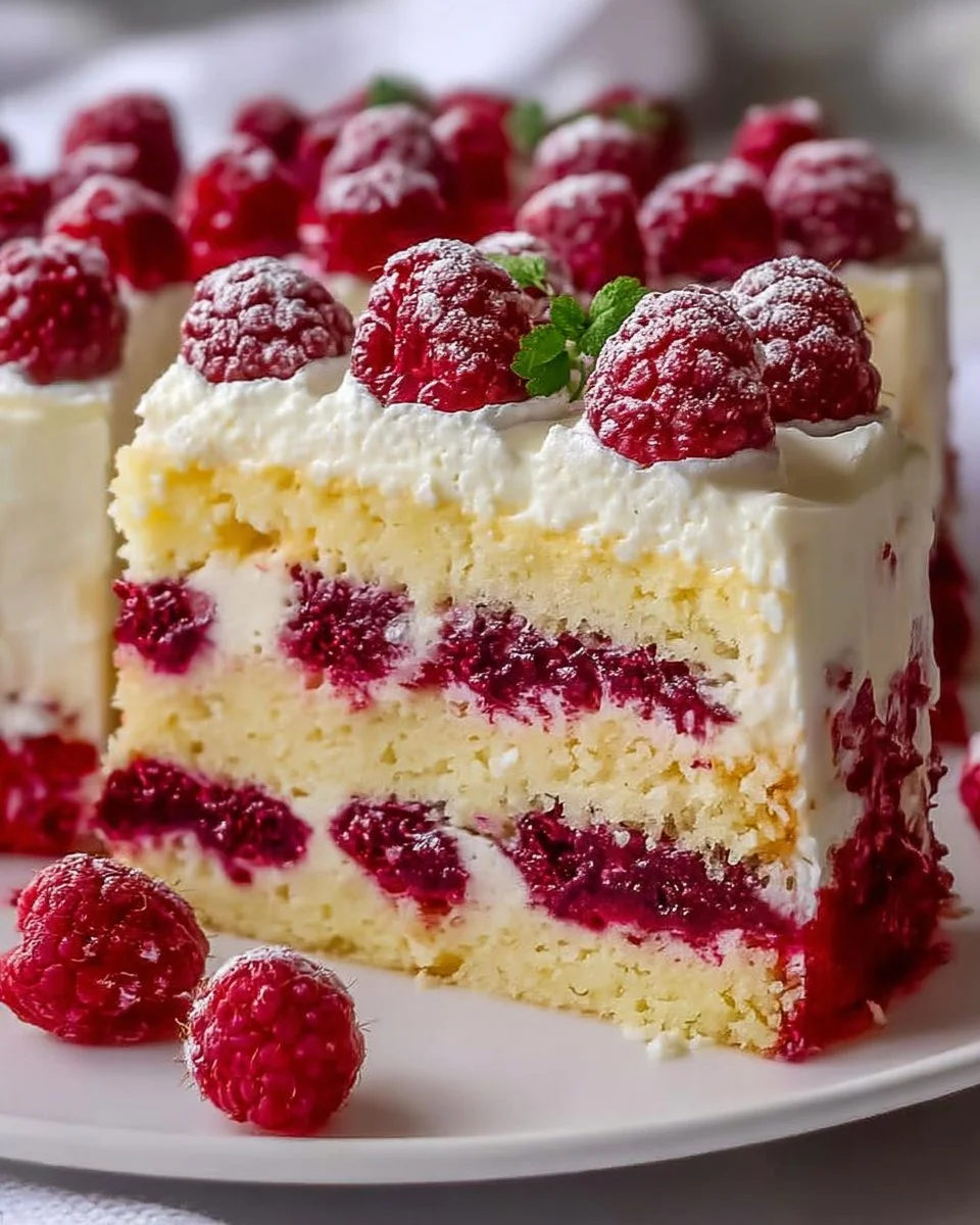 Himbeer-Raffaello-Torte mit frischen Himbeeren und Raffaello-Kugeln dekoriert